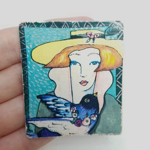 Vintage Woman in a Hat with a Blue Bird Brooch, Artsy Portait, Lightweight - Picture 2 of 6